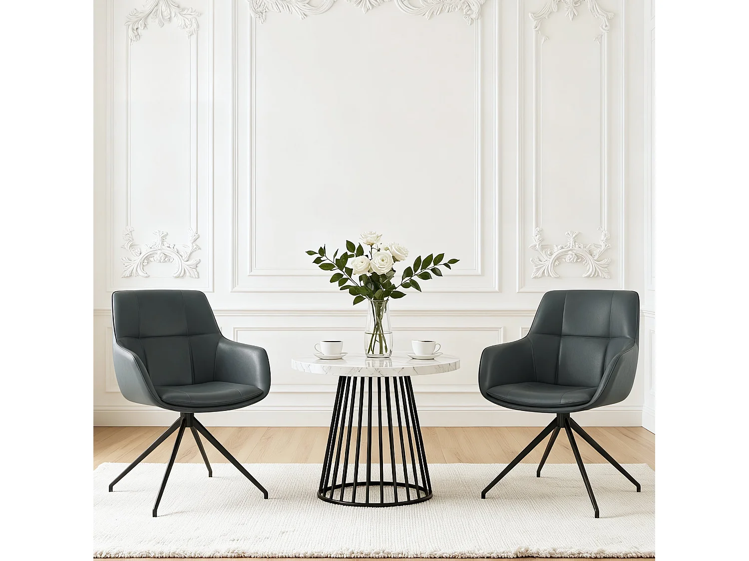 Lot de 4 Chaises de Salle à Manger,  Fauteuil Pivotant à 360°, Chaise de Cuisine en PU Coussinets de Pied Réglable Bleu foncé