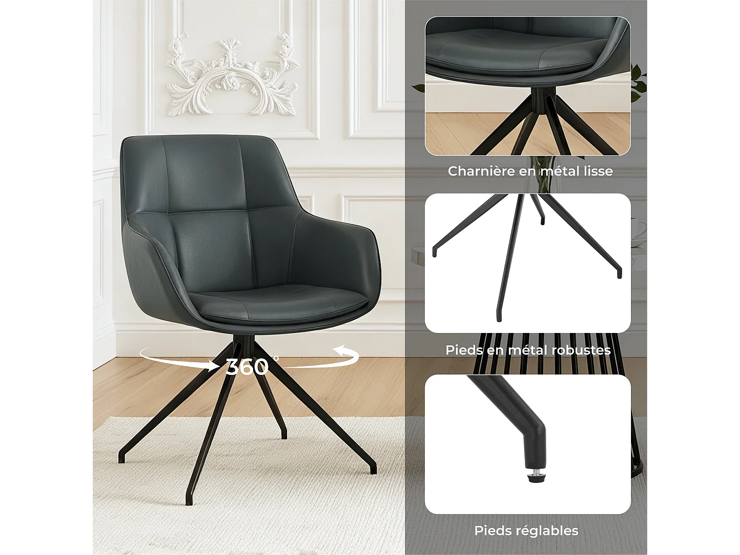 Lot de 4 Chaises de Salle à Manger,  Fauteuil Pivotant à 360°, Chaise de Cuisine en PU Coussinets de Pied Réglable Bleu foncé