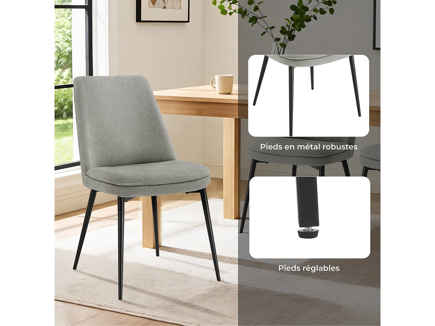 Lot de 4 Chaises de Salle à Manger, Pieds en Métal, Avec Dossier,en Chenille Gris clair