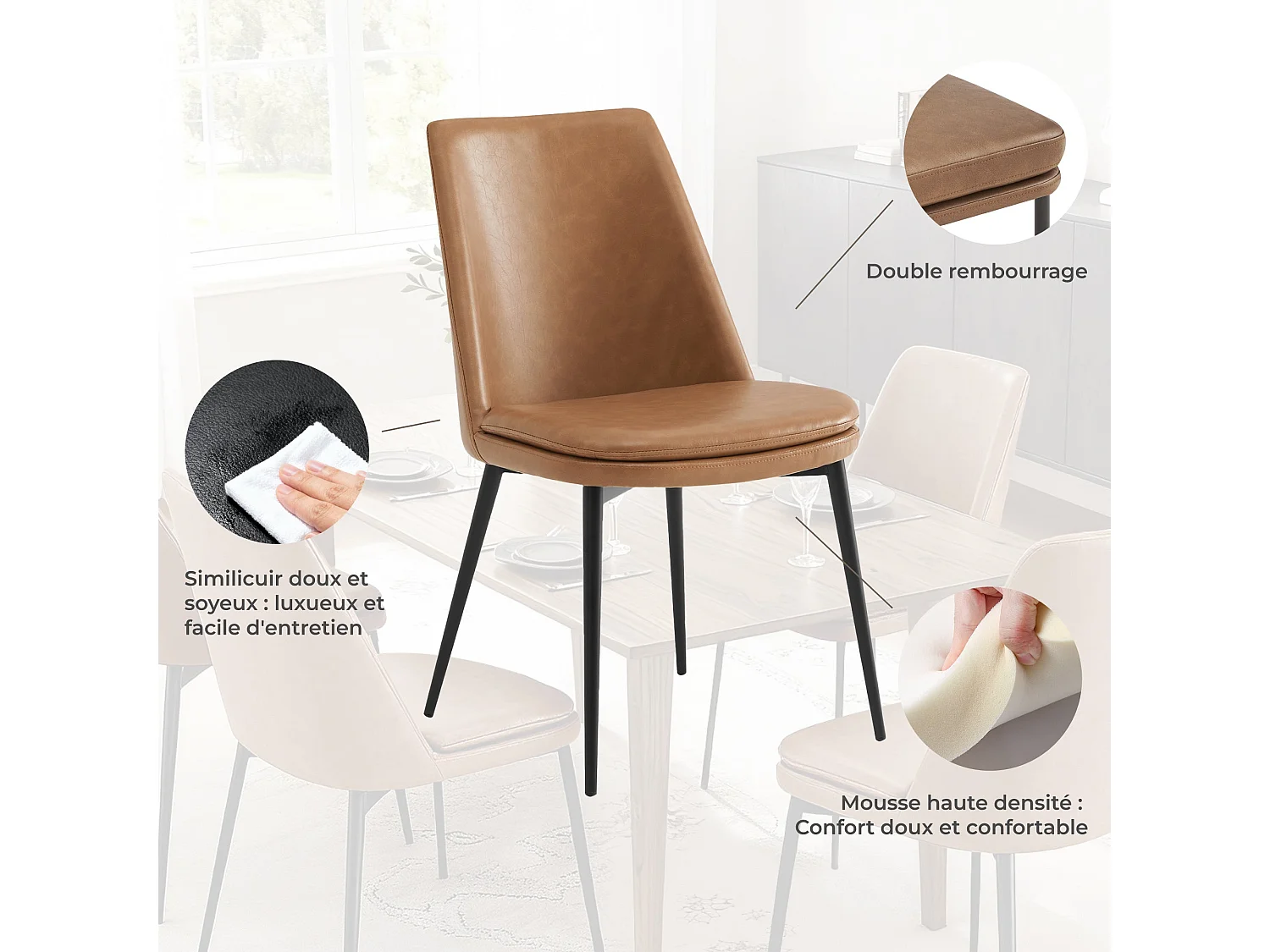 Lot de 4 Chaises de Salle à Manger, en PU, Pieds en Métal, Avec Dossier Marron