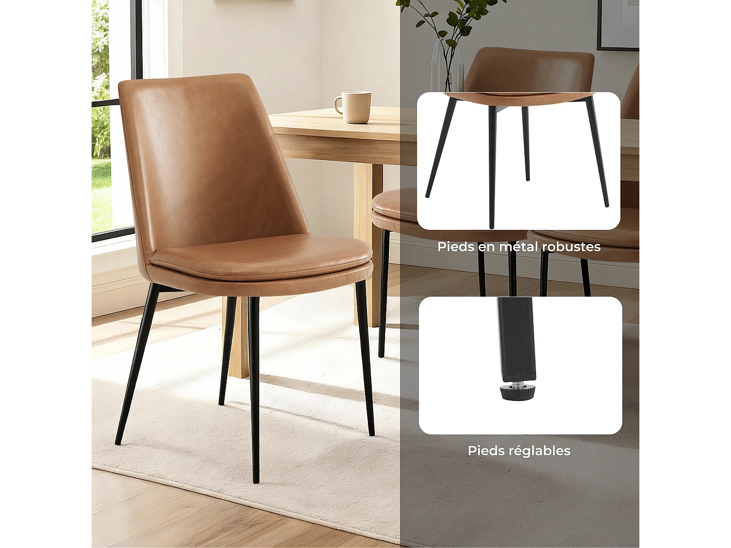 Lot de 4 Chaises de Salle à Manger, en PU, Pieds en Métal, Avec Dossier Marron
