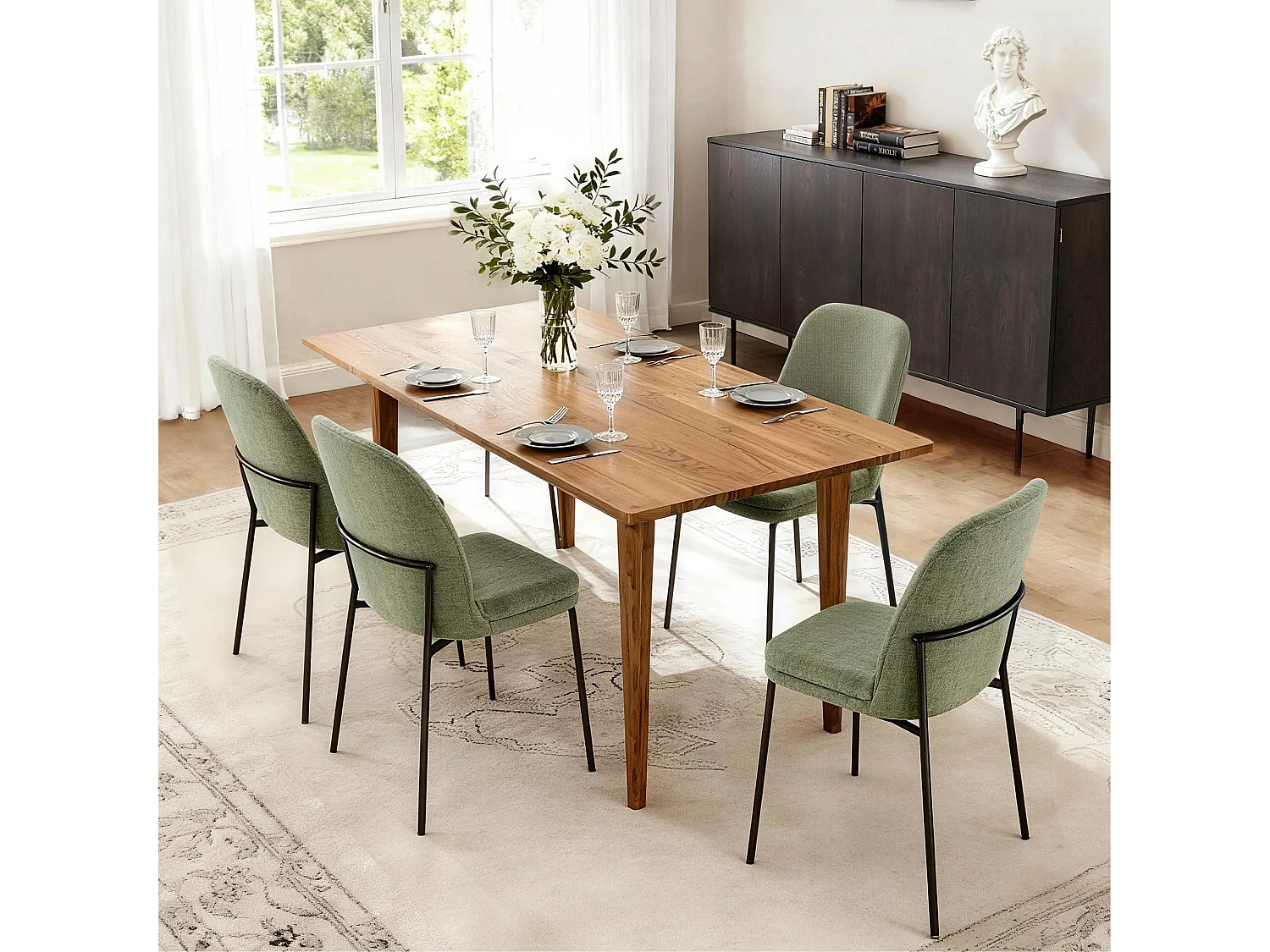 Lot de 4 Chaises de Salle à Manger, Pieds en Métal, Avec Dossier, Style Moderne Vert