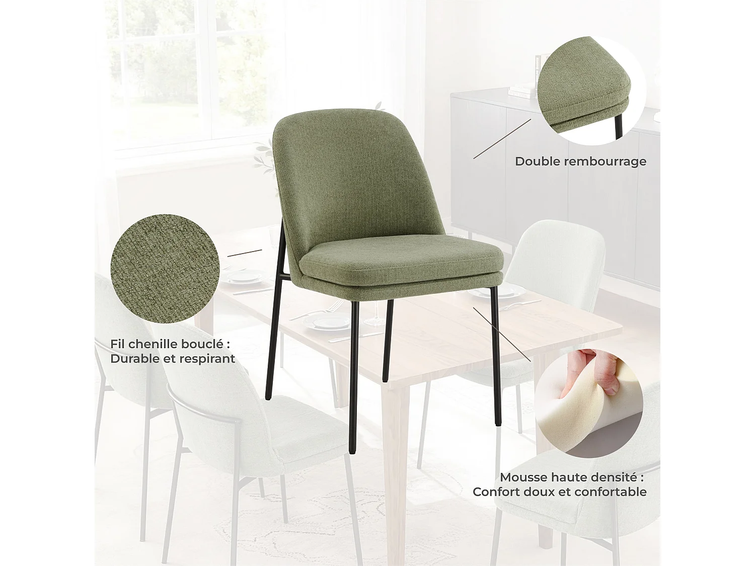 Lot de 4 Chaises de Salle à Manger, Pieds en Métal, Avec Dossier, Style Moderne Vert