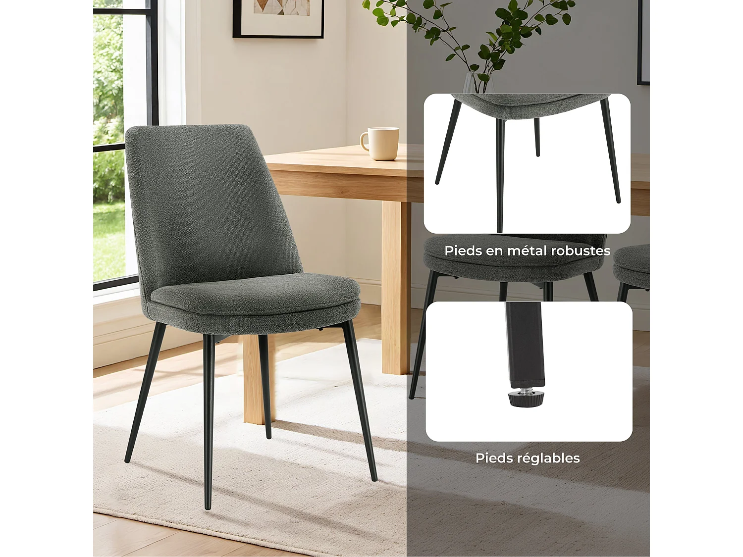 Lot de 6 Chaises de Salle à Manger, Pieds en Métal, Avec Dossier,en Chenille Gris foncé