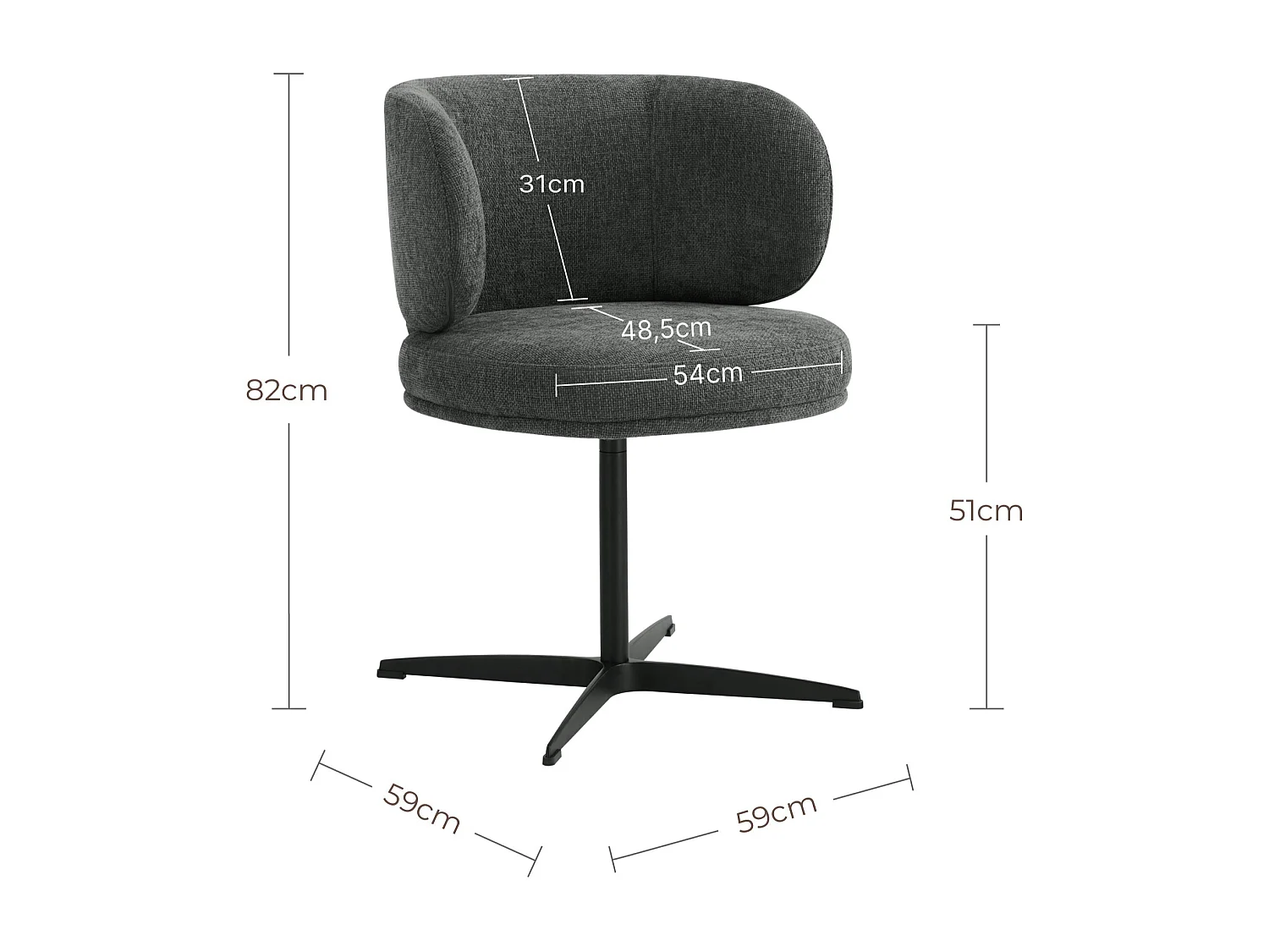 Lot de 4 Chaises de Salle à Manger Chaise de Bureau Pivotante Chaise pour Chambre-coiffeuse Gris foncé