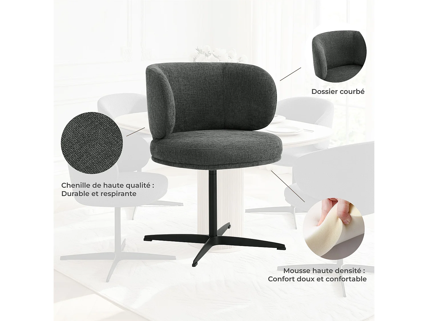 Lot de 4 Chaises de Salle à Manger Chaise de Bureau Pivotante Chaise pour Chambre-coiffeuse Gris foncé