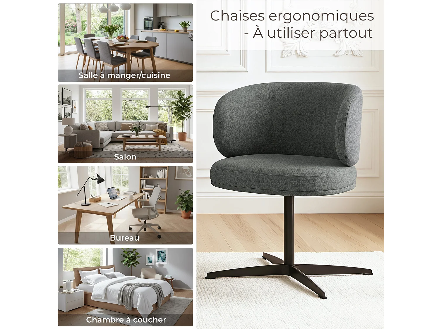 Lot de 4 Chaises de Salle à Manger Chaise de Bureau Pivotante Chaise pour Chambre-coiffeuse