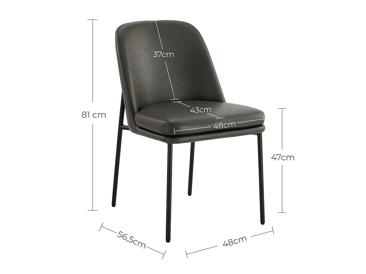 Lot de 4 Chaises de Salle à Manger, Pieds en Métal, Avec Dossier, en PU, Style Moderne Gris foncé