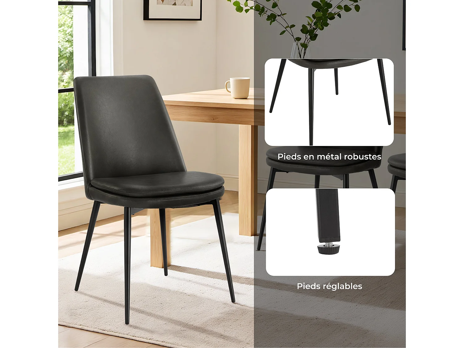 Lot de 6 Chaises de Salle à Manger, en PU, Pieds en Métal, Avec Dossier Gris Foncé