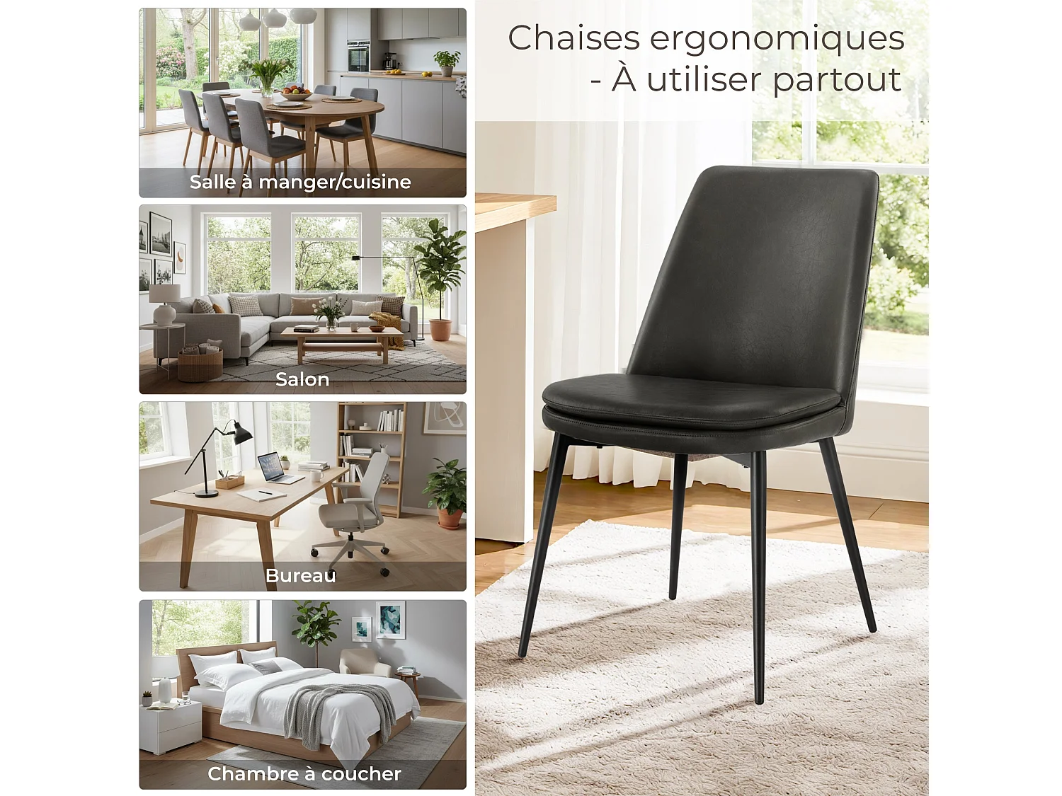 Lot de 6 Chaises de Salle à Manger, en PU, Pieds en Métal, Avec Dossier Gris Foncé