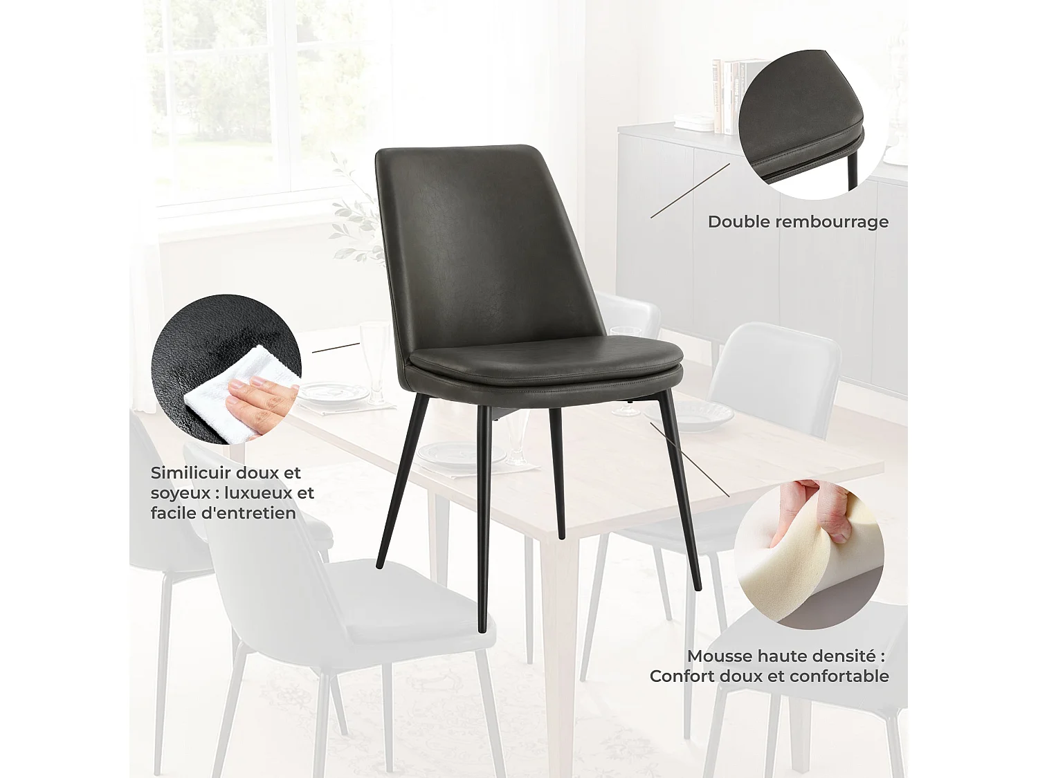 Lot de 6 Chaises de Salle à Manger, en PU, Pieds en Métal, Avec Dossier Gris Foncé