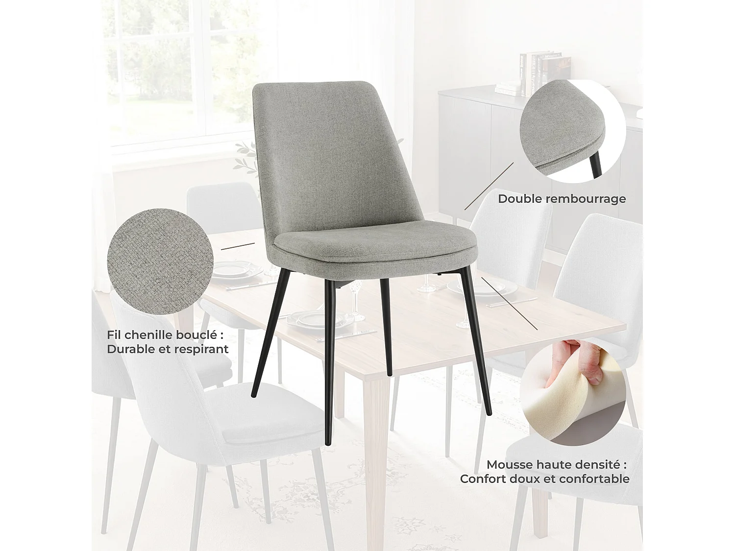 Lot de 6 Chaises de Salle à Manger, Pieds en Métal, Avec Dossier,en Chenille Gris clair