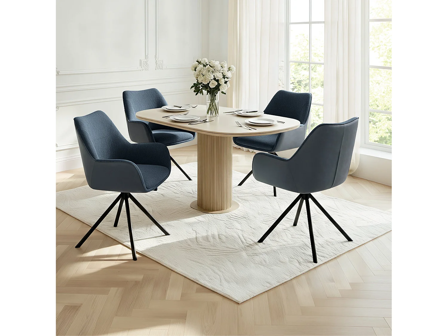 Lot de 4 Chaises de Salle à Manger, Fauteuil Pivotant à 360°, Chaise de Cuisine Coussinets de Pied Réglable Bleu foncé