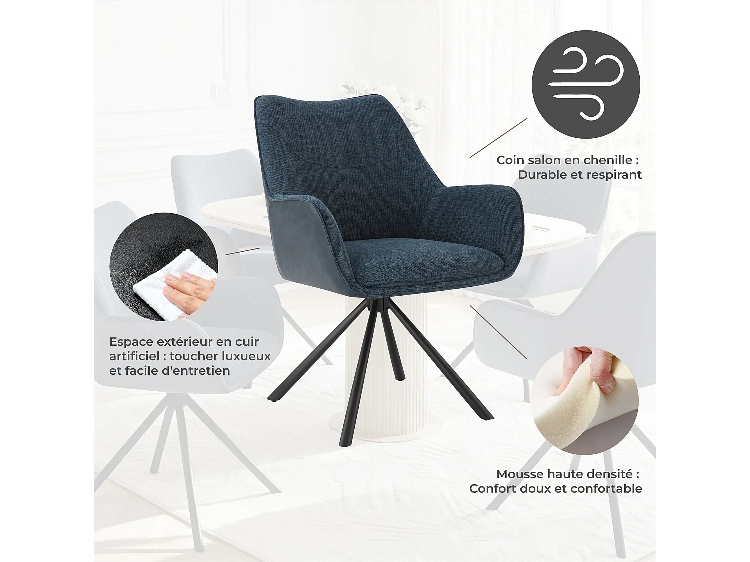 Lot de 4 Chaises de Salle à Manger, Fauteuil Pivotant à 360°, Chaise de Cuisine Coussinets de Pied Réglable Bleu foncé