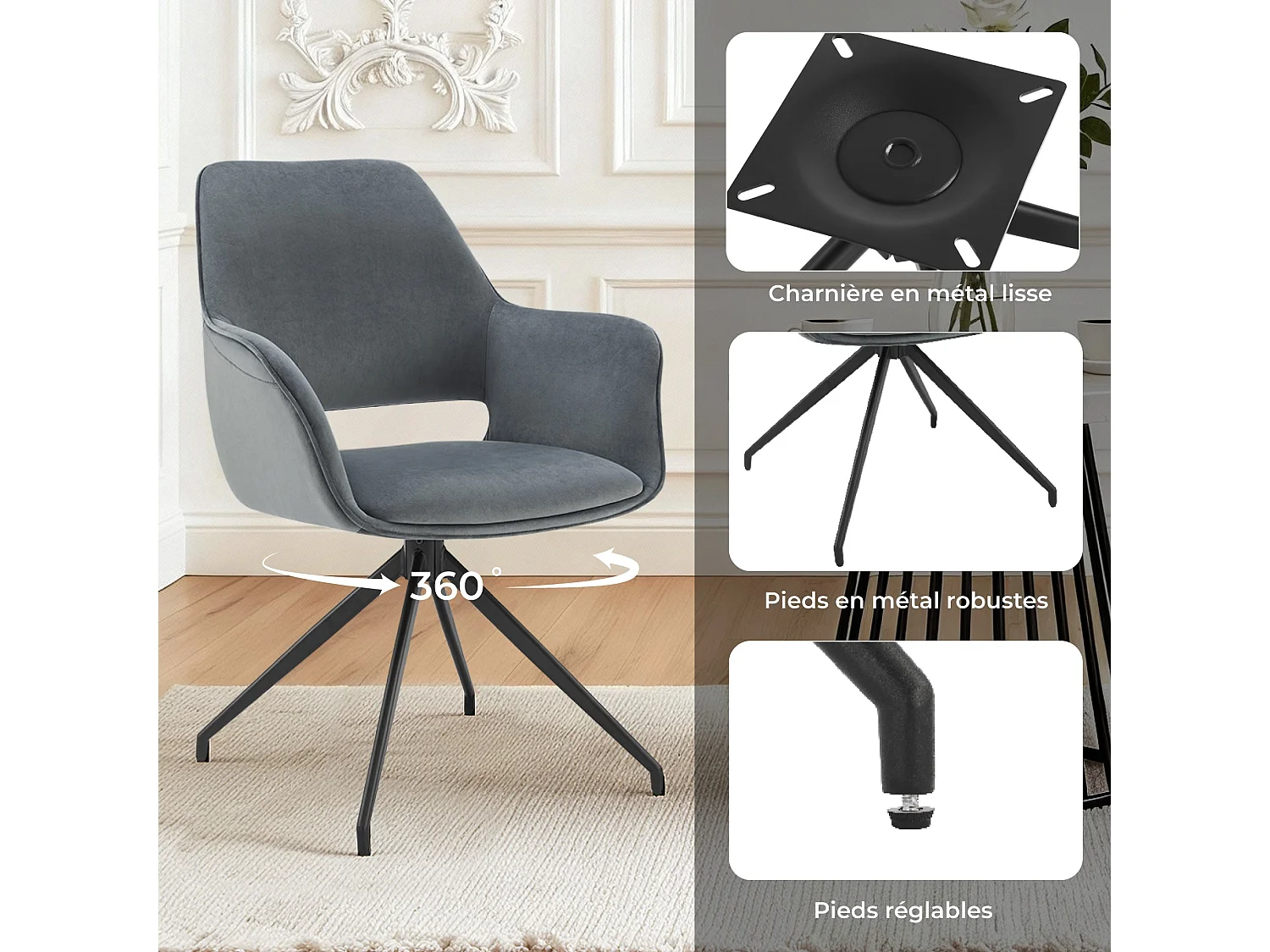 Lot de 4 Chaises de Salle à Manger,  Fauteuil Pivotant à  360°, Chaise de Cuisine