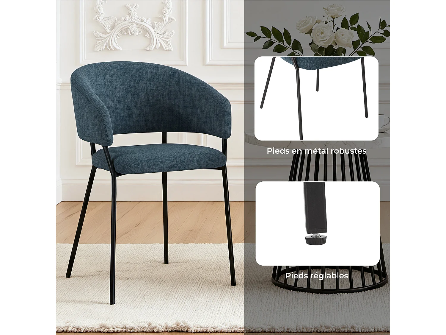 Lot de 4 Chaises de Salle à Manger, Pieds en Métal, Avec Dossier, Style Industriel bleu foncé