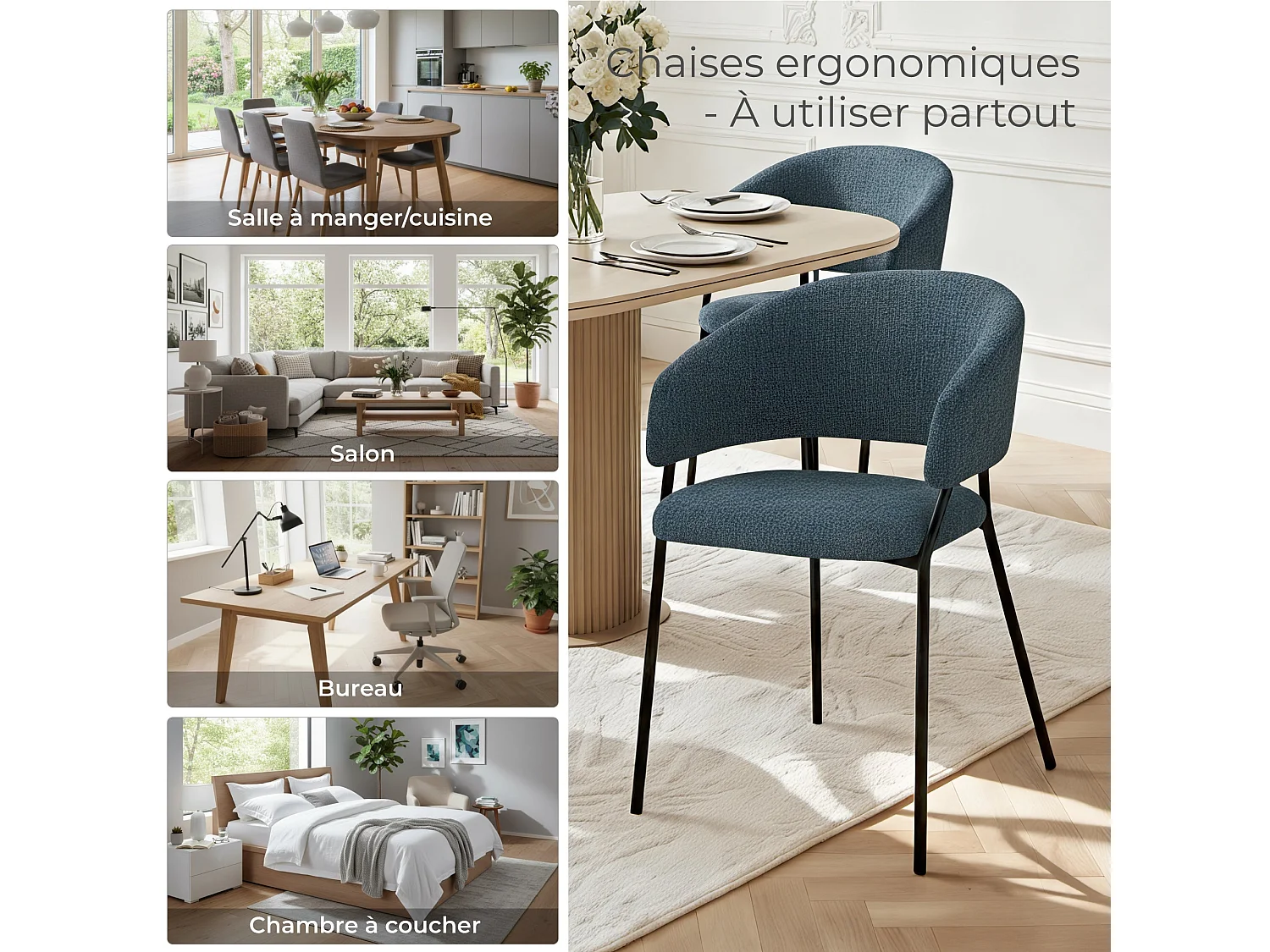 Lot de 4 Chaises de Salle à Manger, Pieds en Métal, Avec Dossier, Style Industriel bleu foncé