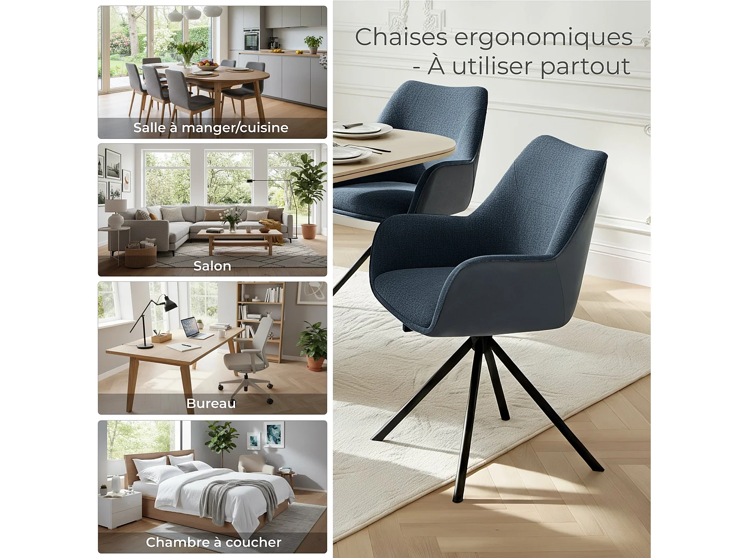 Lot de 6 Chaises de Salle à Manger, Fauteuil Pivotant à 360 degrés, Chaise de Cuisine Coussinets de Pied Réglables Bleu Foncé