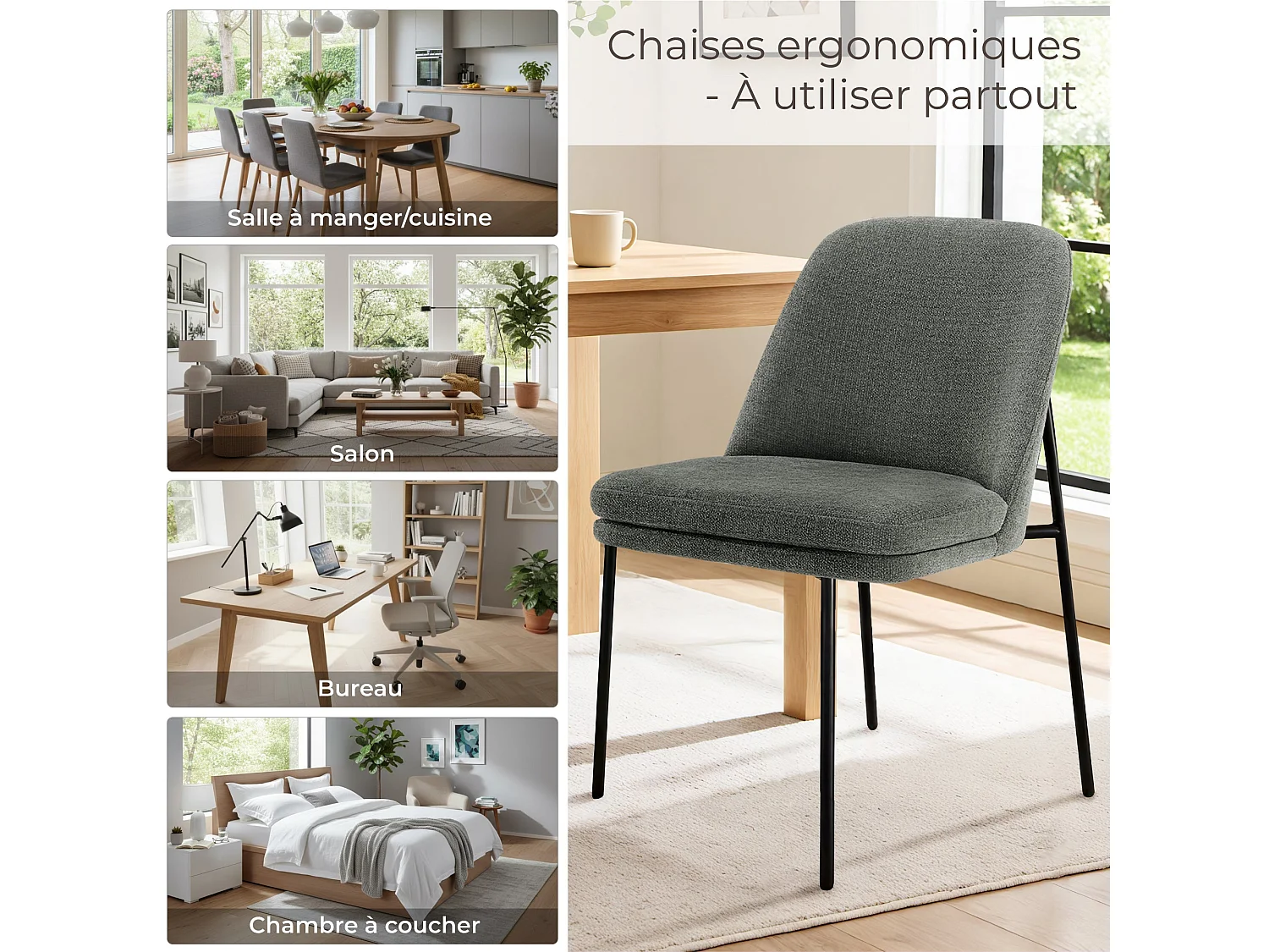 Lot de 4 Chaises de Salle à Manger, Pieds en Métal, Avec Dossier, Style Moderne Gris foncé