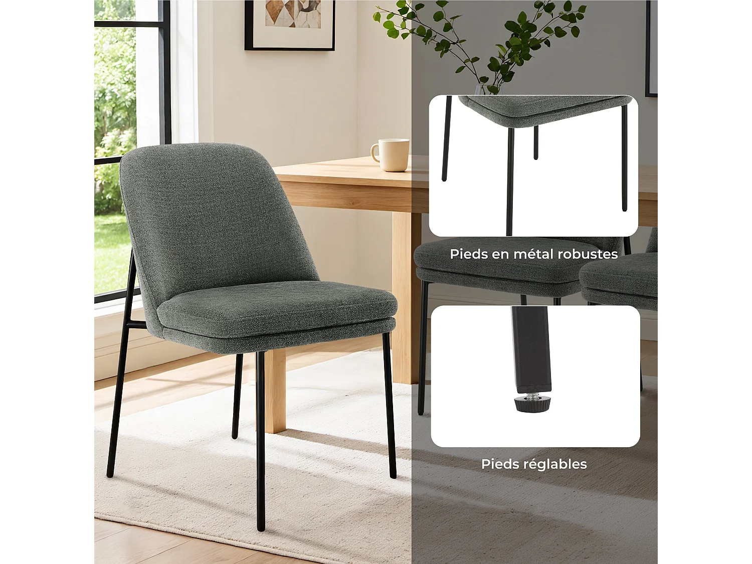 Lot de 4 Chaises de Salle à Manger, Pieds en Métal, Avec Dossier, Style Moderne Gris foncé