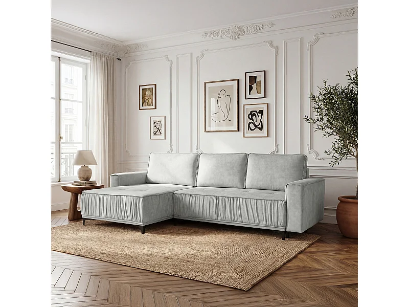 Canapé d'angle en L, fonction couchage, pour salon, Juka Terra, gris clair (88)