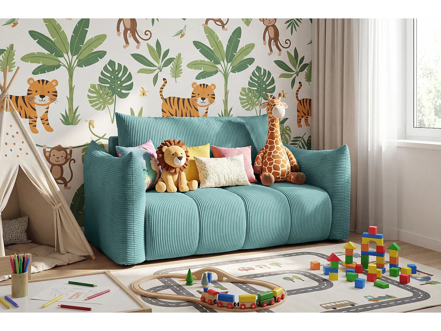 Canapé américain Flo, avec fonction couchage, pour enfants, Poso, bleu (26)