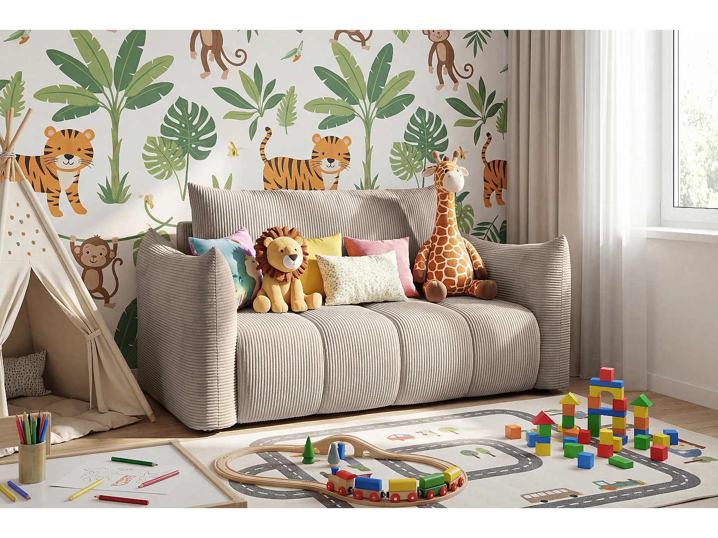 Sofa amerykanka Flo, z funkcją spania, dla dzieci, Poso, cappuccino (02)