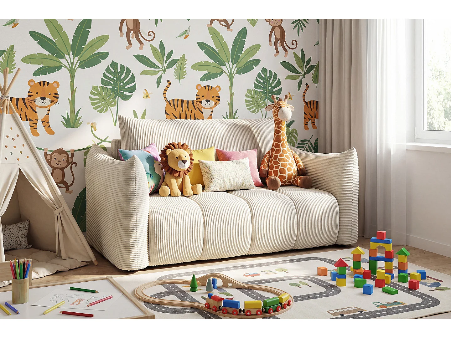 Canapé américain Flo, avec fonction couchage, pour enfants, Poso, beige (100)