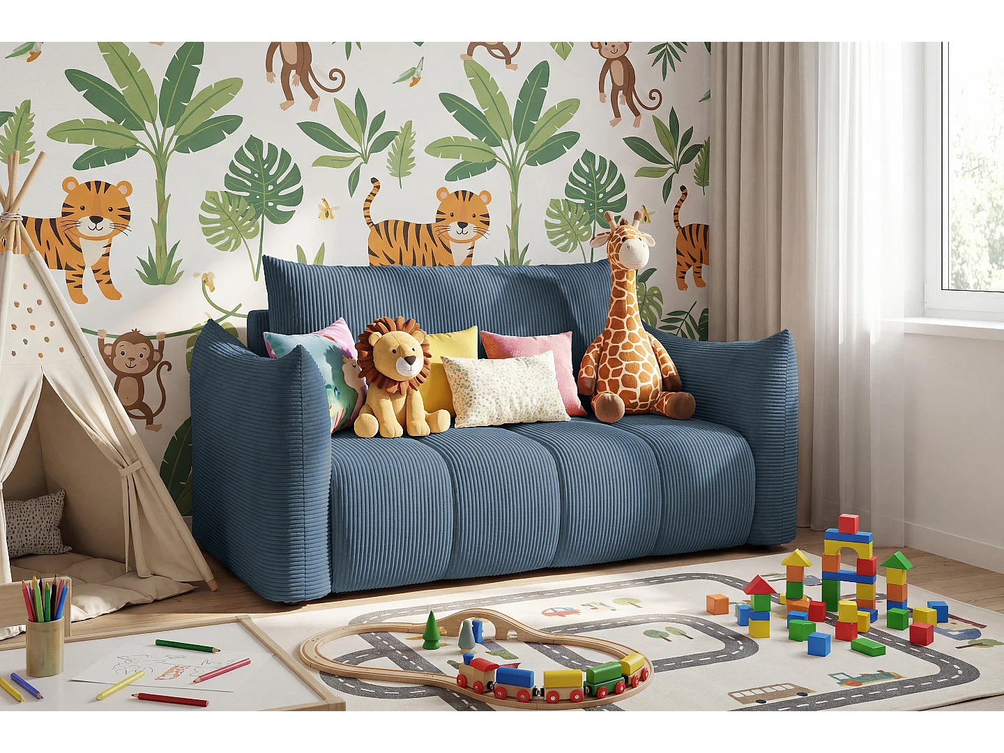 Canapé convertible 3 places en tissu bleu nuit FLO