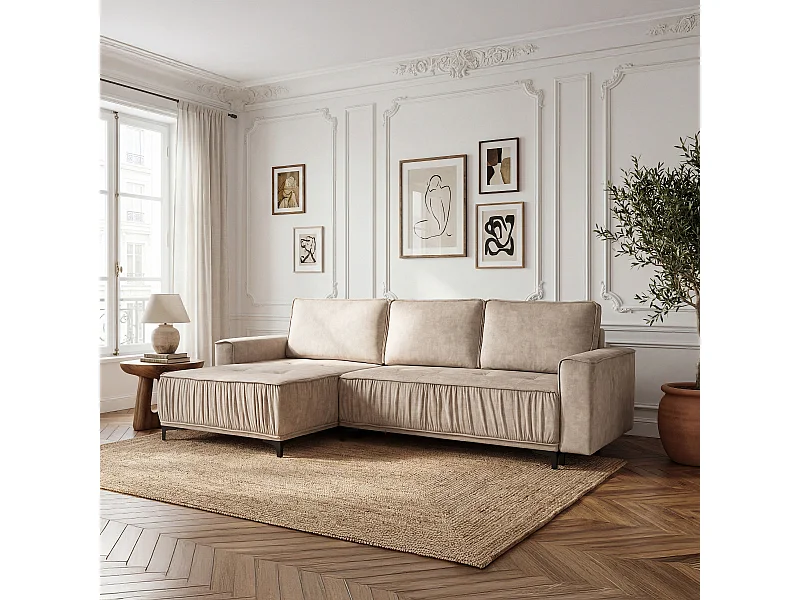 Canapé d'angle en L, fonction couchage, pour salon, Juka Terra, beige (13)