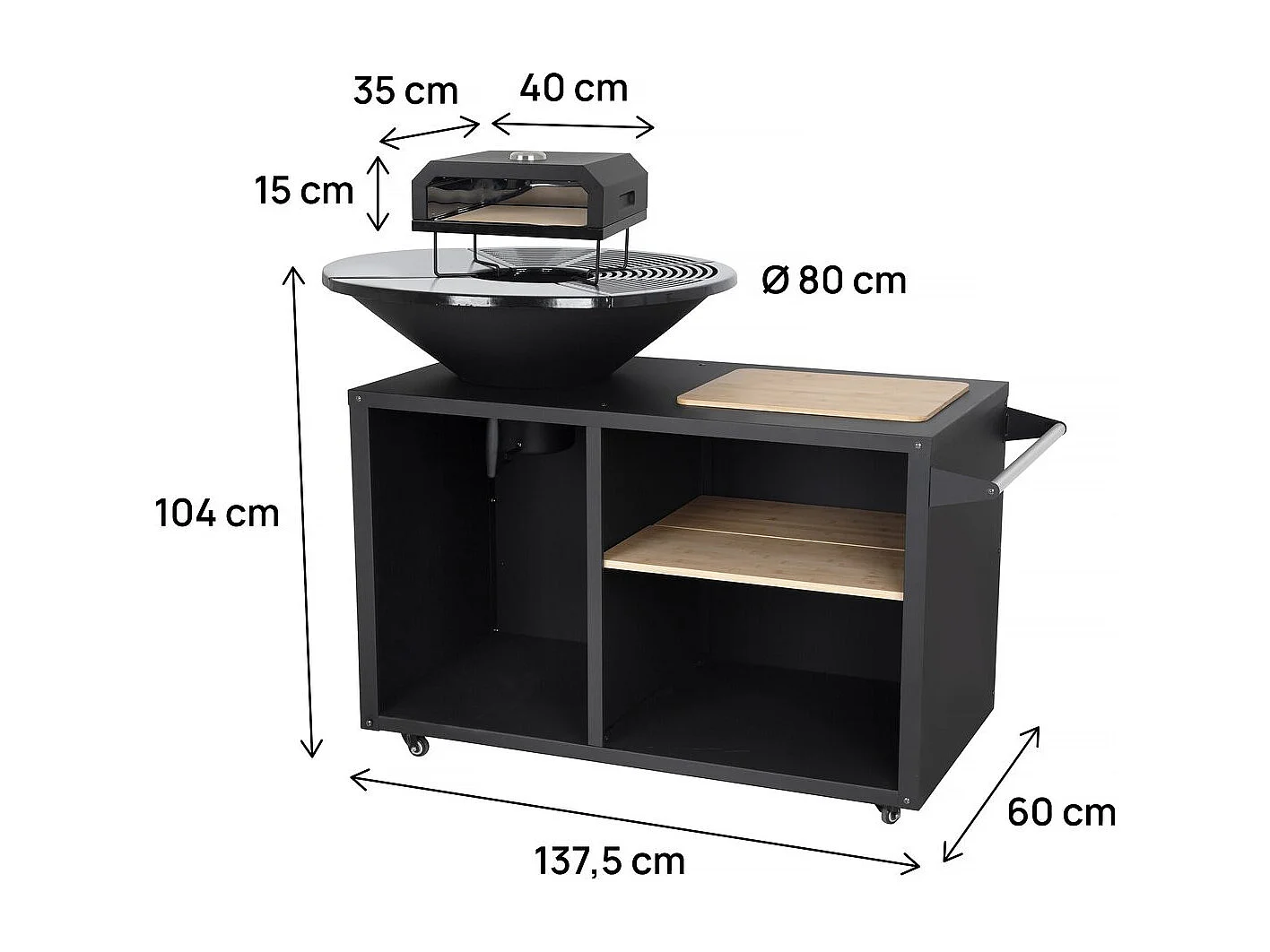 Barbacoa plancha brasero de carbón con horno para pizza integrado 81x81 cm negro, carrito y almacenamiento