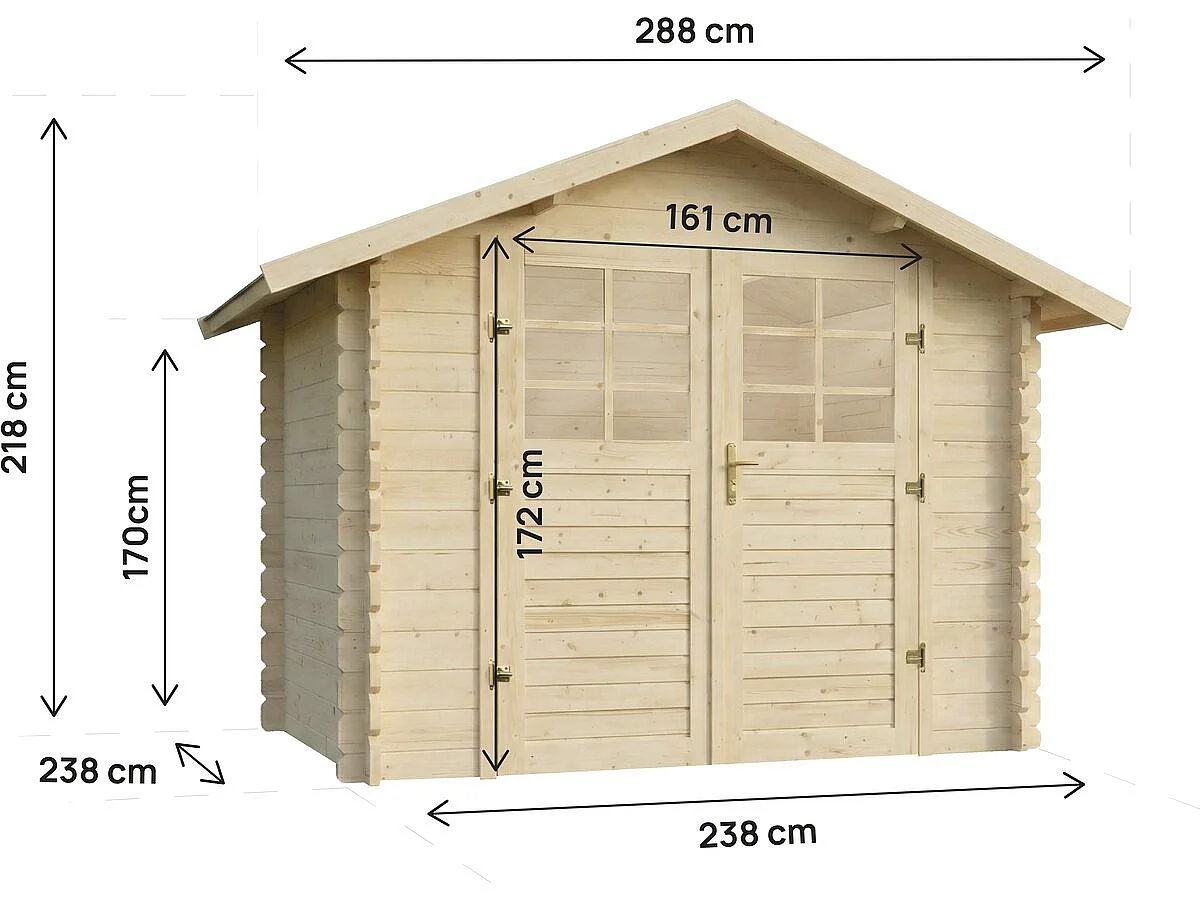 Houten tuinhuis "Beaufort" 6,94 m², dubbele halfglazen deur, schuin dak, 28 mm dikte, zonder vloer