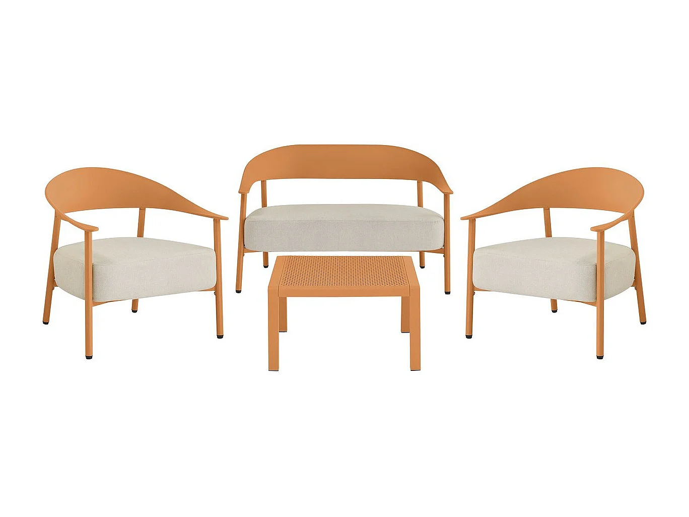 Salón de jardín Céora para 4 personas en plástico naranja con cojines gruesos y mesa baja de diseño moderno