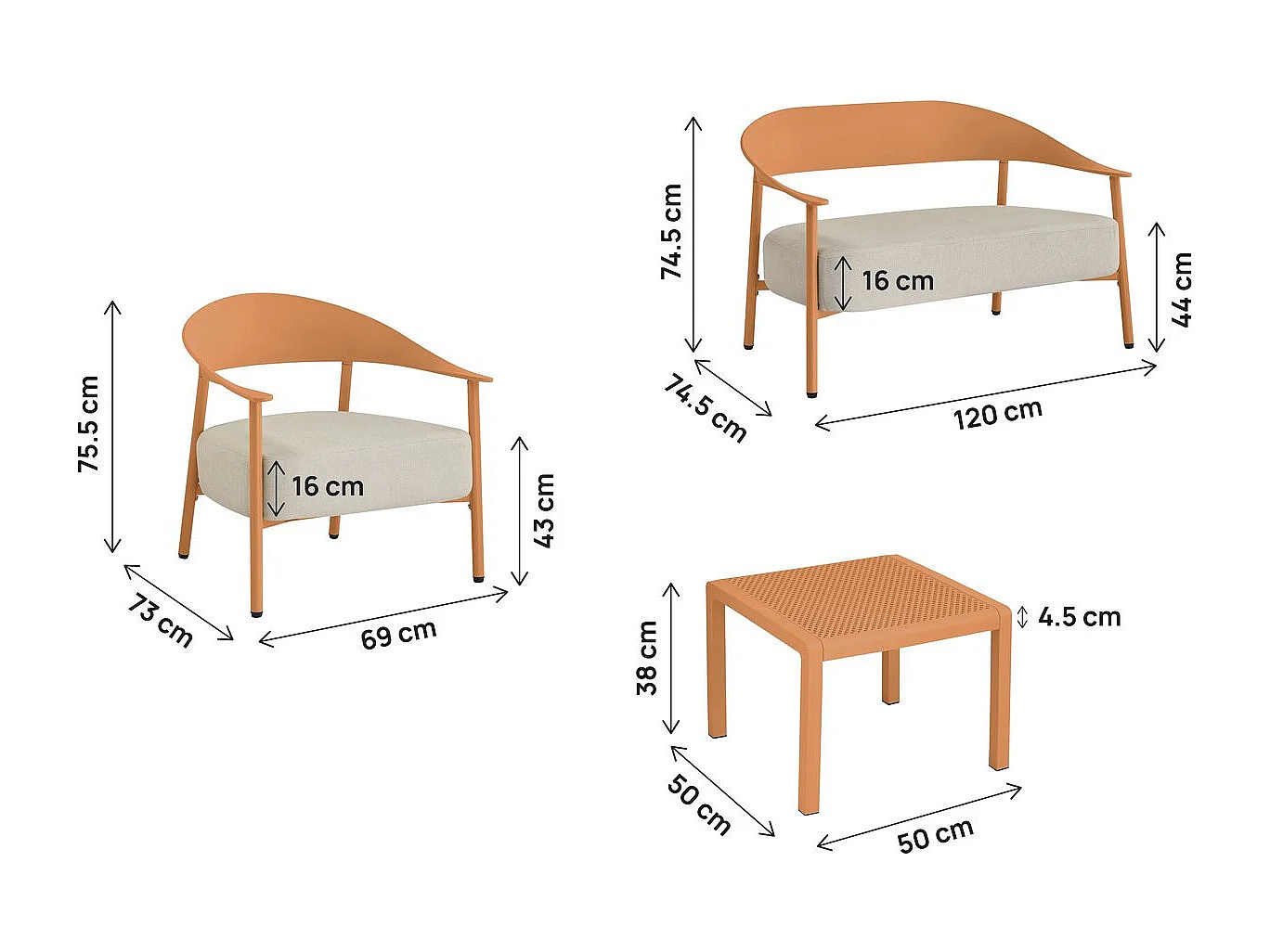 Salón de jardín Céora para 4 personas en plástico naranja con cojines gruesos y mesa baja de diseño moderno
