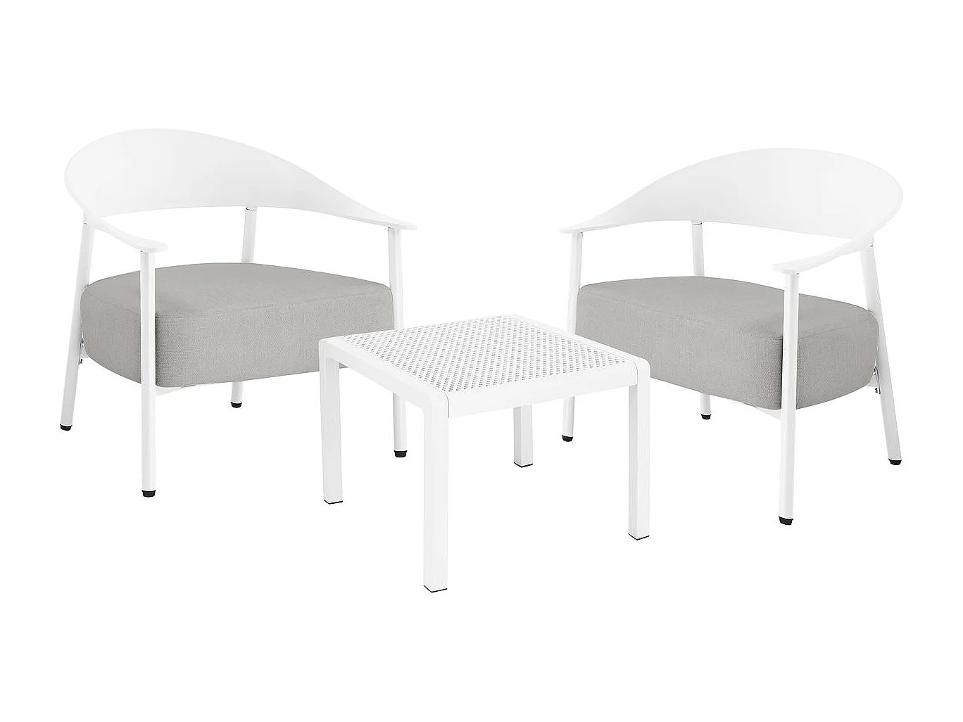 Salón de jardín blanco Céora para 2 personas en plástico resistente con cojines de espuma gruesa y mesa baja práctica