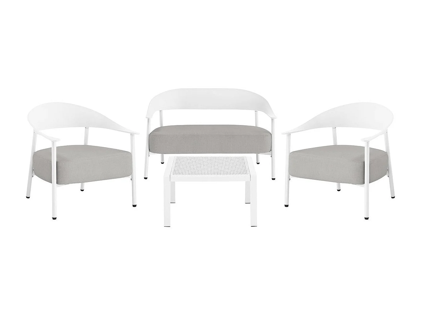 Salón de jardín Céora blanco para 4 personas en plástico resistente con cojines gruesos y cómodos