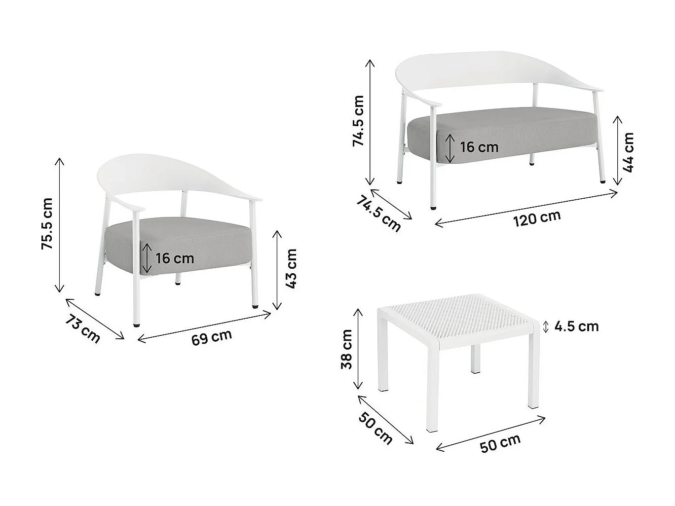 Salón de jardín Céora blanco para 4 personas en plástico resistente con cojines gruesos y cómodos