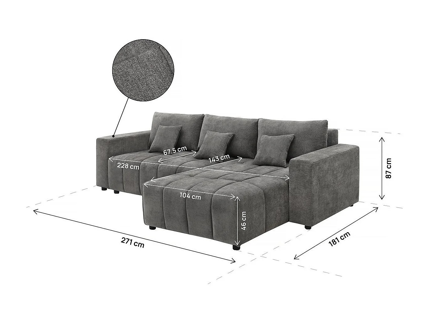 Canapé d'angle réversible/convertible en tissu - "George" - 4 places - Gris