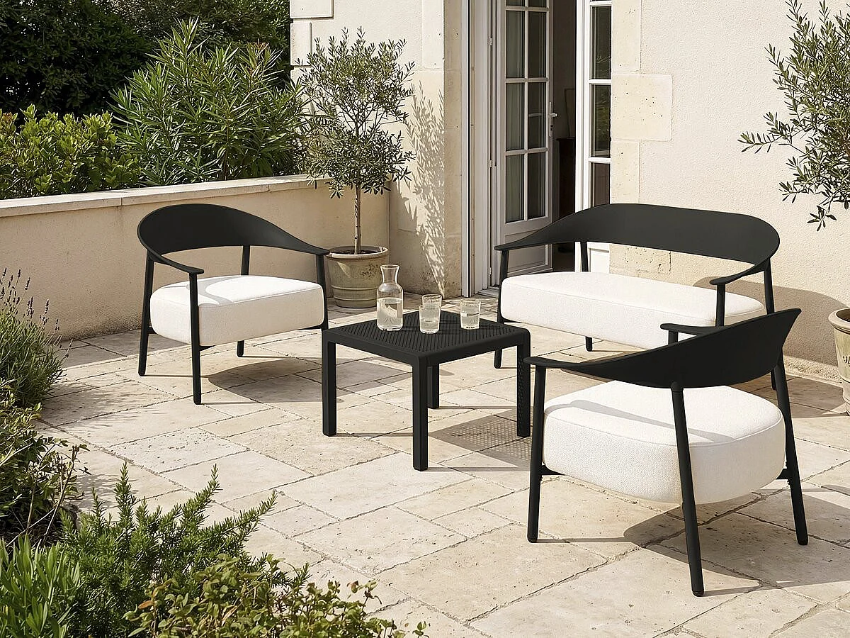 Salón de jardín para 4 personas "Céora" negro en resina con cojines gruesos y mesa baja de diseño