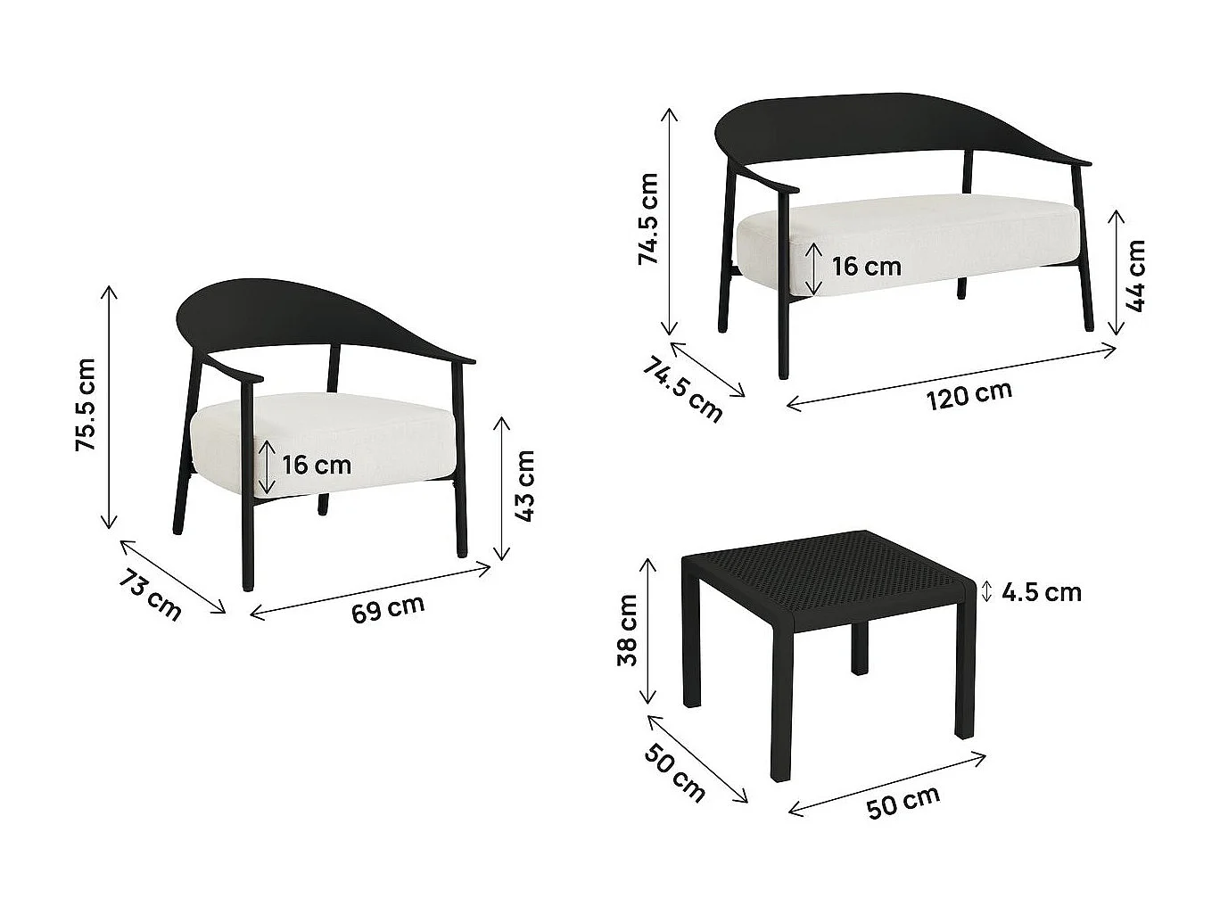 Salón de jardín para 4 personas "Céora" negro en resina con cojines gruesos y mesa baja de diseño