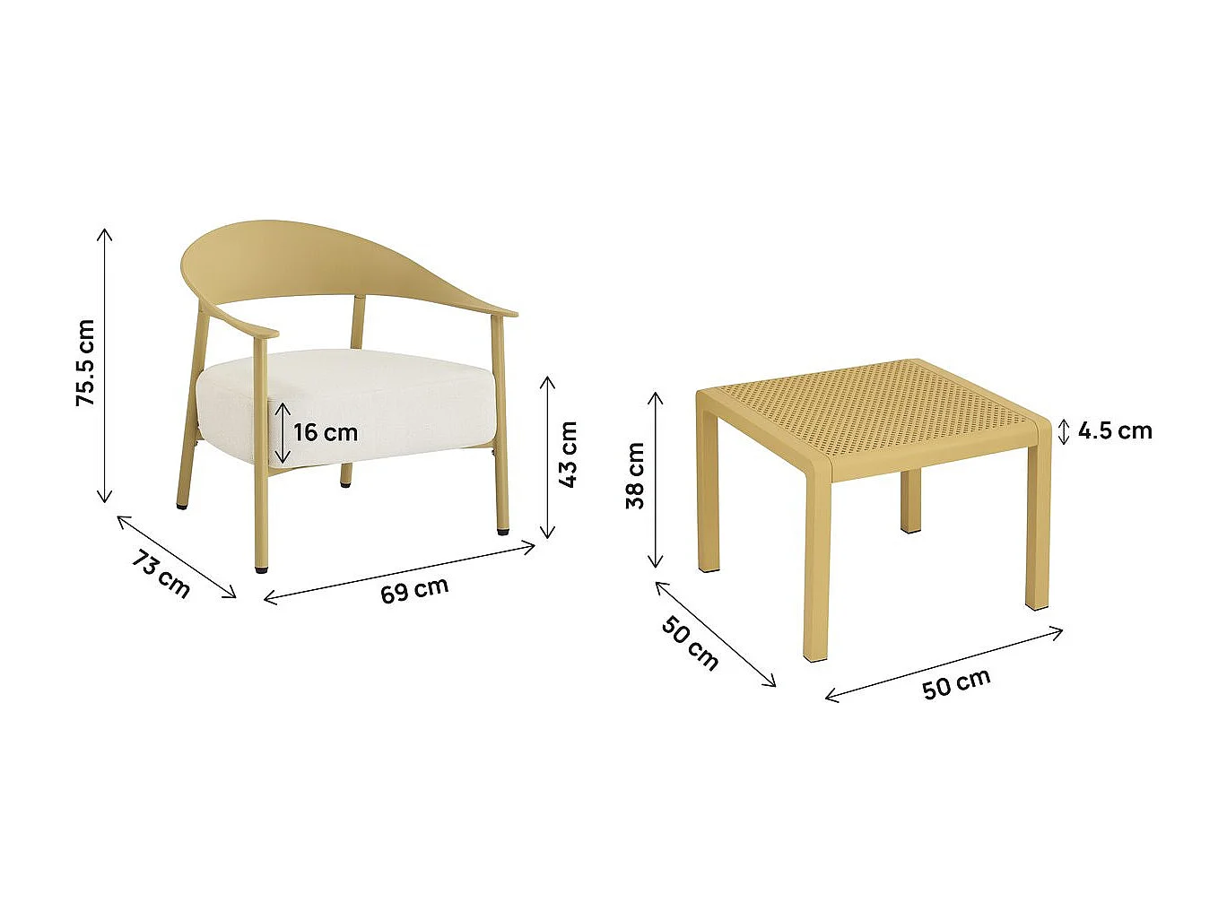 Conjunto de muebles de jardín "Céora" de metal y plástico - 2 plazas - Amarillo