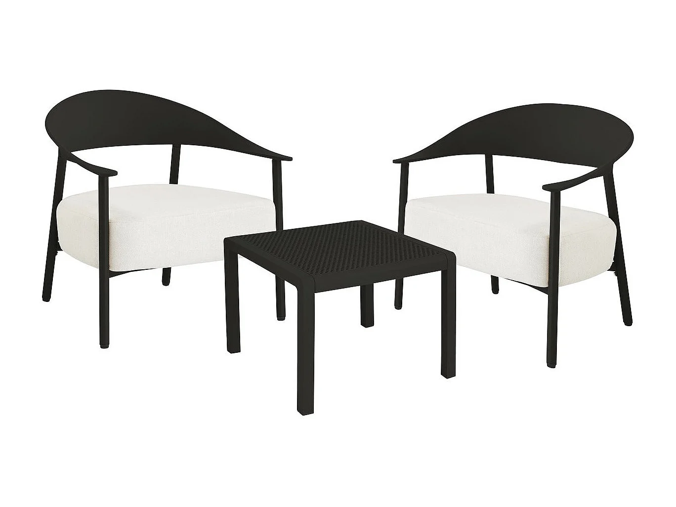 Salón de jardín para 2 personas "Céora" negro en plástico resistente con cojines de espuma gruesa y mesa baja práctica