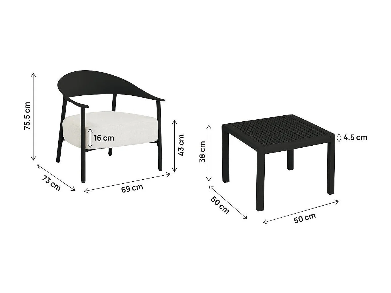 Salón de jardín para 2 personas "Céora" negro en plástico resistente con cojines de espuma gruesa y mesa baja práctica