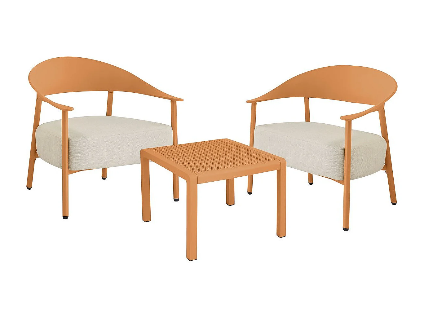 Salón de jardín para 2 personas Céora en plástico naranja con cojines gruesos y mesa baja práctica