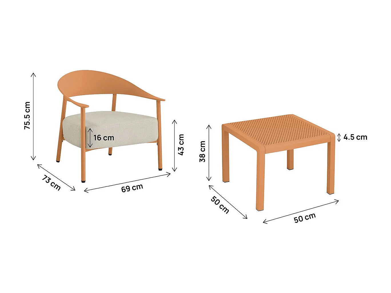 Salón de jardín para 2 personas Céora en plástico naranja con cojines gruesos y mesa baja práctica