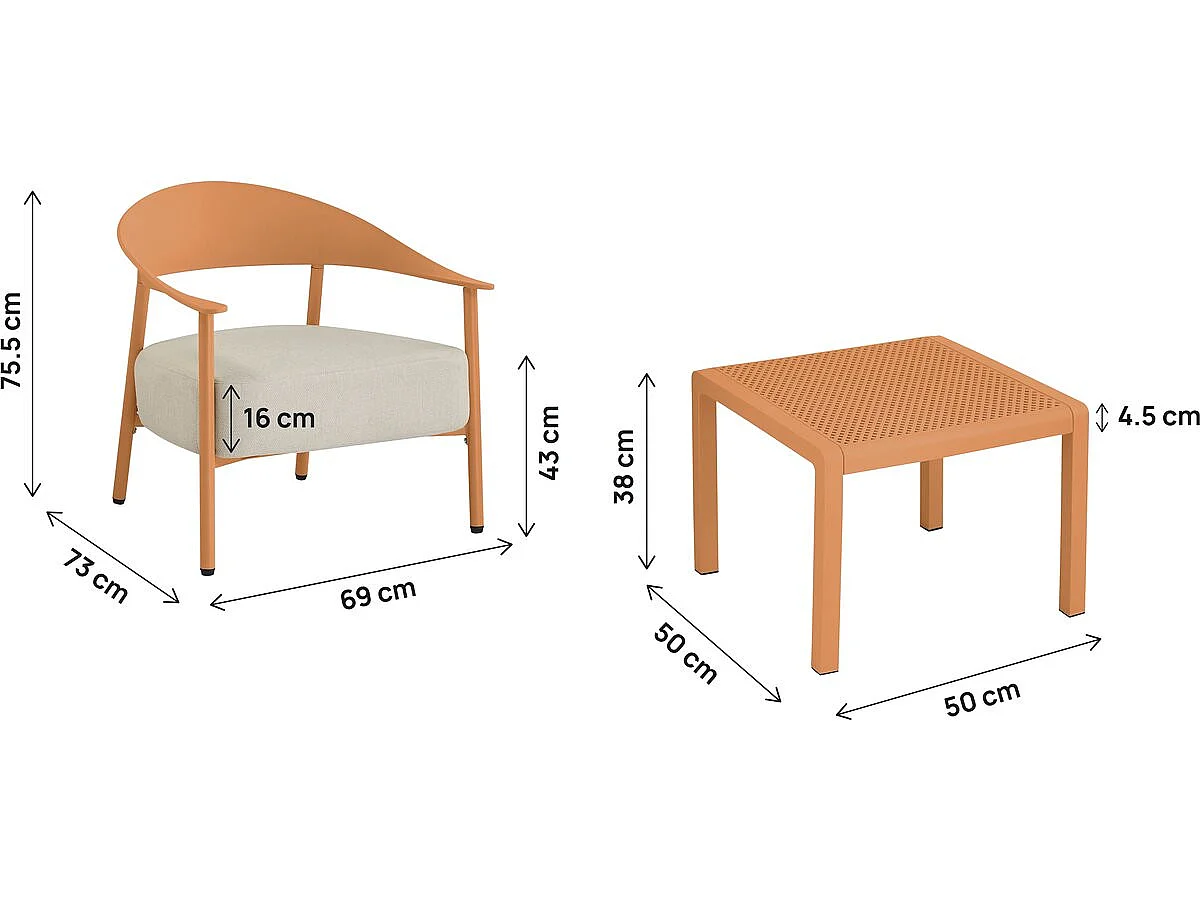 "Céora" 2-delat metall- och plastikträdgårdsmöbelset - Orange, modern design, bekväma sittplatser