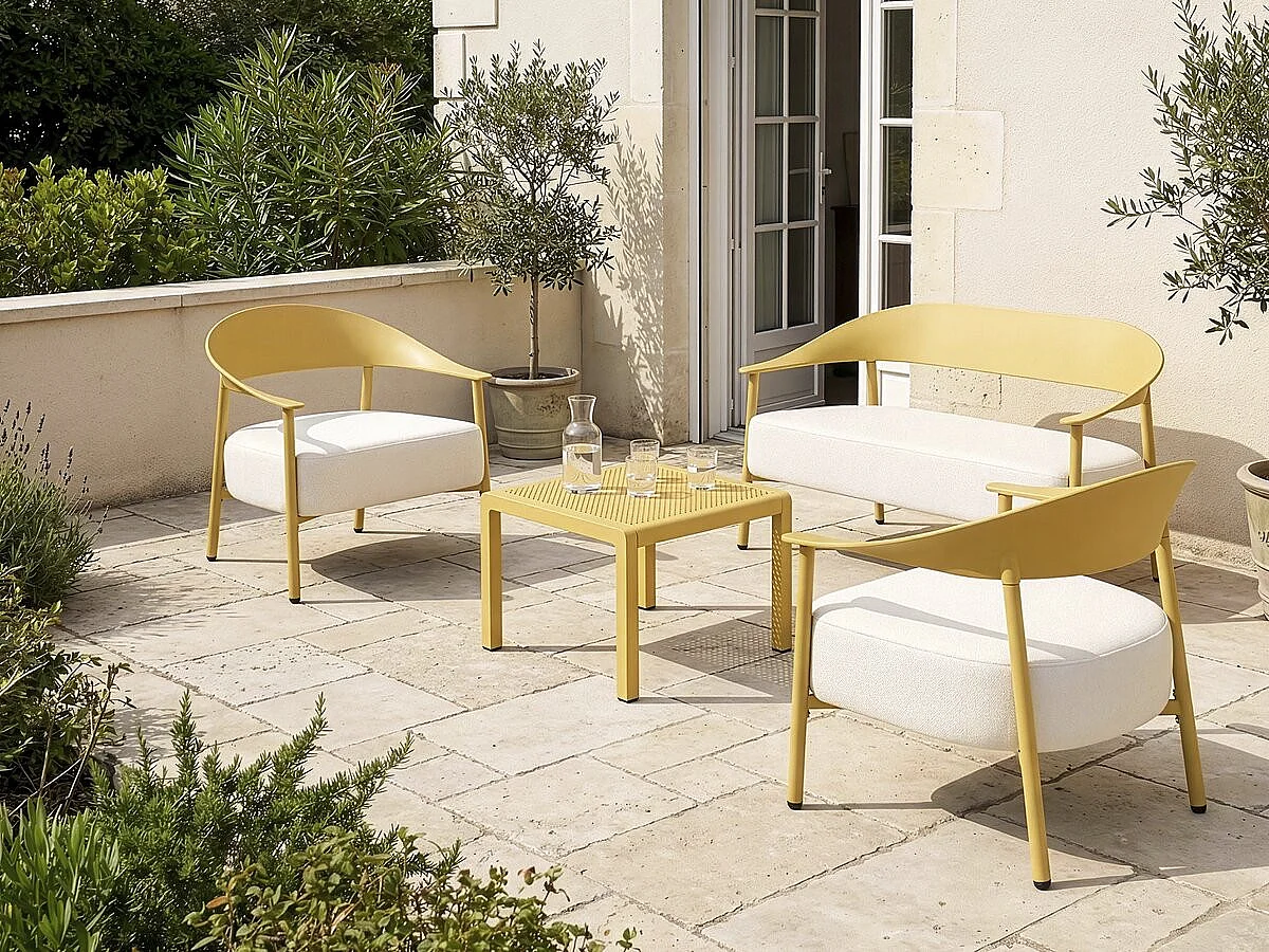 Salón de jardín Céora amarillo para 4 personas en plástico con cojines gruesos y mesa baja de diseño moderno