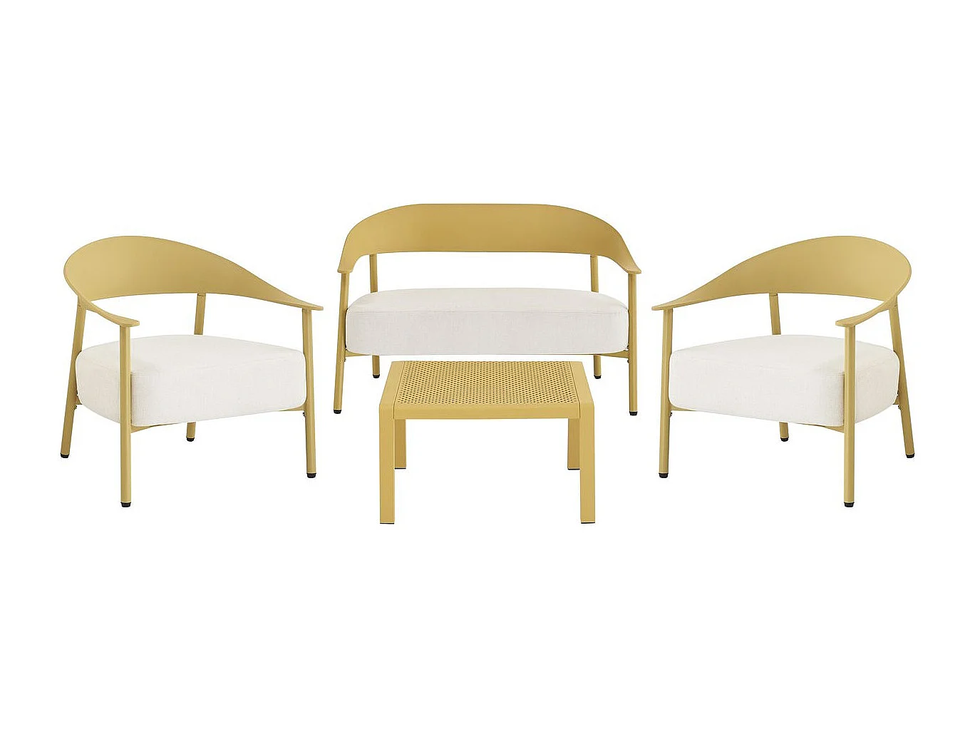 Salón de jardín Céora amarillo para 4 personas en plástico con cojines gruesos y mesa baja de diseño moderno