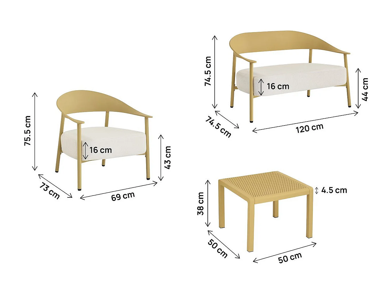 Salón de jardín Céora amarillo para 4 personas en plástico con cojines gruesos y mesa baja de diseño moderno