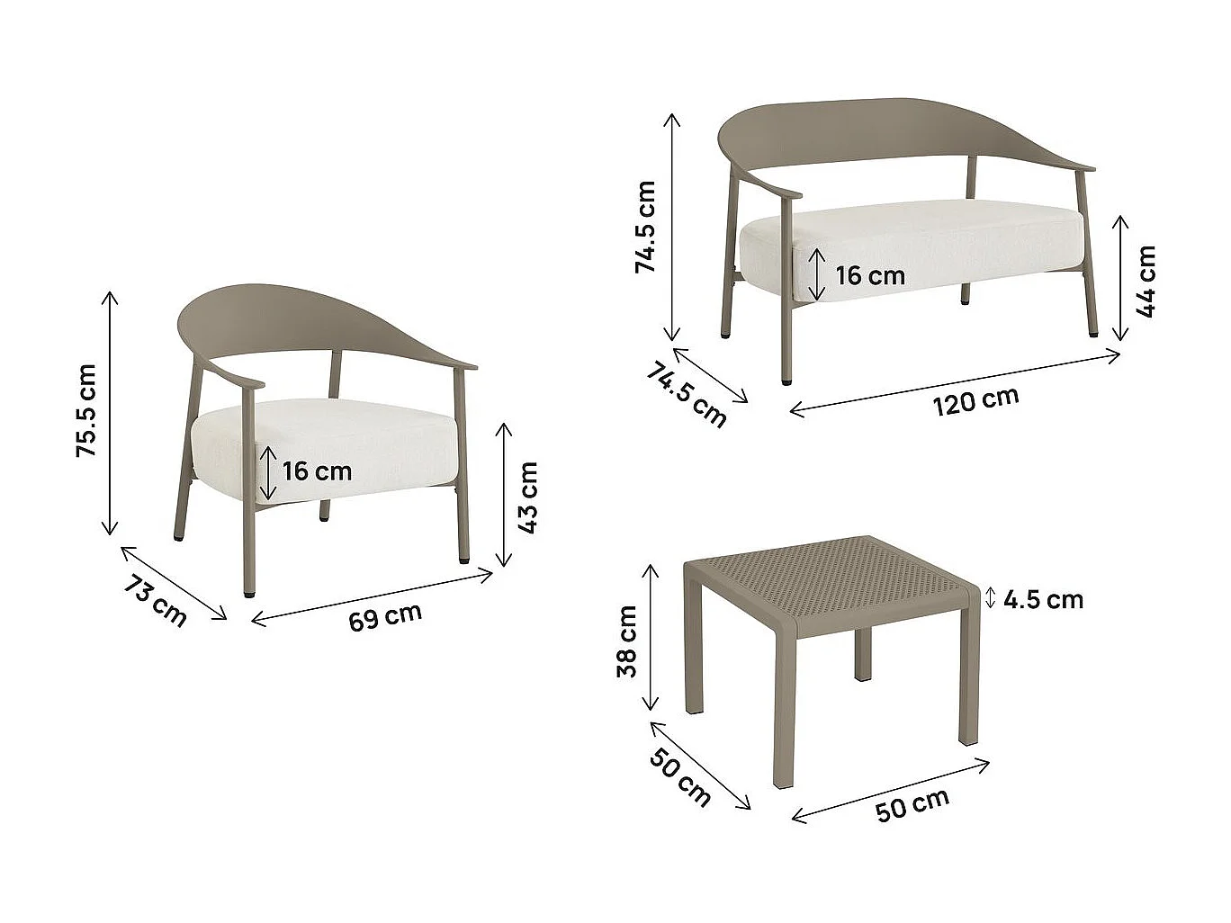Salón de jardín 4 plazas Céora taupe en plástico resistente con cojines gruesos de 16 cm y mesa baja de diseño